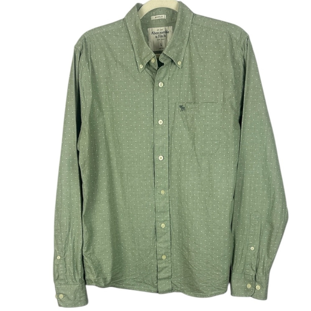 Abercrombie & Fitch Men's Olive Cotton Subtle Dot Button Down Long Sleeve Shirt